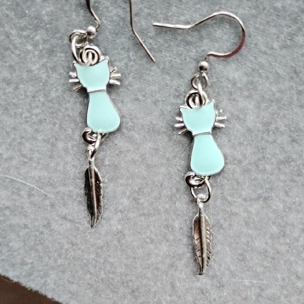 Hand Crafted Blue Enamel Cat Charm And Feather Earrings